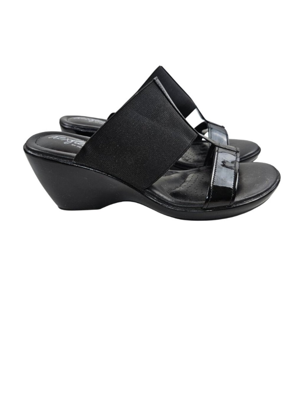 Dexflex By Dexter Sandals Womens Size 7.5M Wedge Heel Black Slide Shoes Comfort - Picture 5 of 10
